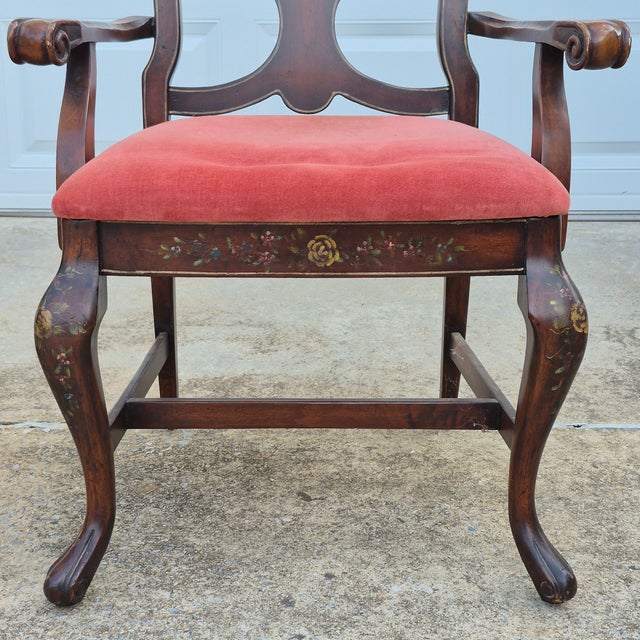 Brown Mid-20th Century Vintage Lane Rustic Floral Paint Decorated Walnut Arm Chairs, a Pair For Sale - Image 8 of 18