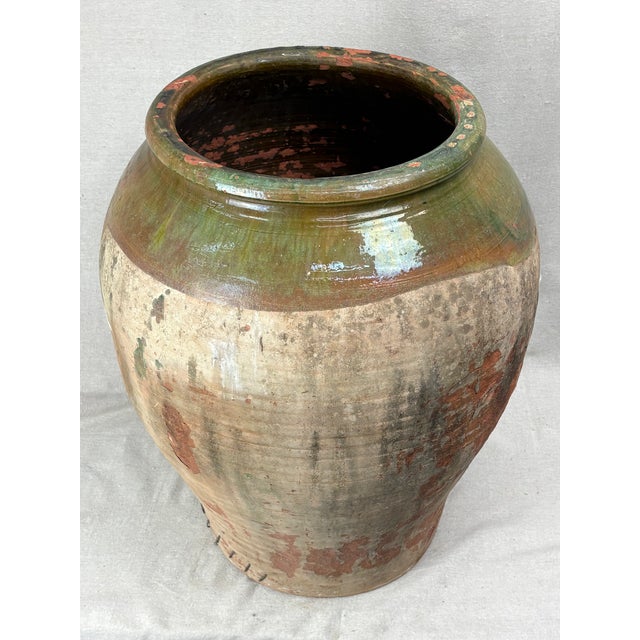 Late 19th Century Antique Earthenware Storage Jar With Green Glaze and Staple Repair For Sale - Image 5 of 9