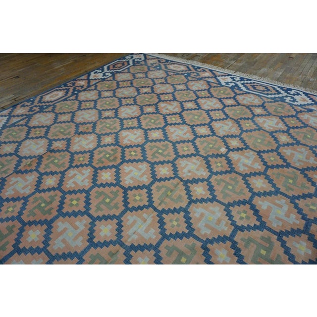 1930s Blue Orange Geometric Antique Indian Cotton Dhurrie Carpet Flatwoven Rug For Sale - Image 12 of 12