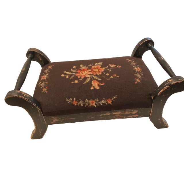 Wood Vintage French Country Two Handle Floral Needlepoint Cricket Foot Stool For Sale - Image 7 of 13