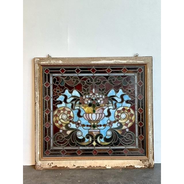 Mid 20th Century Vintage Framed Stained Glass Window For Sale - Image 5 of 12