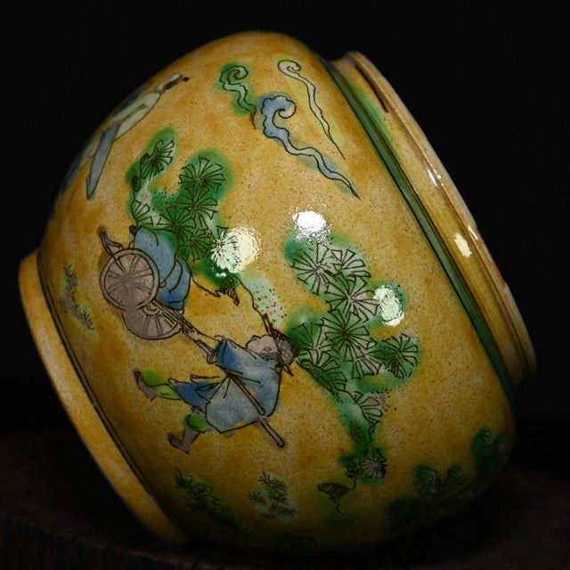 Yellow 1950s Sancai Yellow Ground Porcelain Jar, Chinese Scholar Figural Scene Pot For Sale - Image 8 of 9