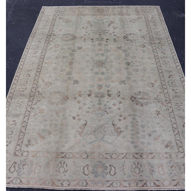 Brown Neutral Vintage Turkish Oushak Rug With Floral Design and Medallions For Sale - Image 8 of 15