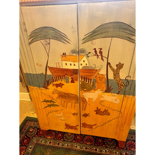 Habersham Cabinet, 1990, a Two-Door TV/entertainment Cabiinet With a Hand Painted Noah's Ark Folk-Art Scene For Sale - Image 13 of 13