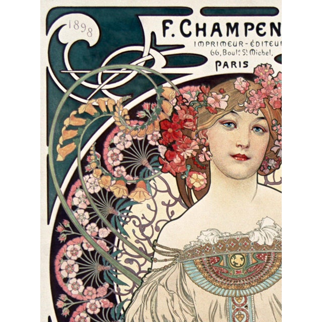 Art Nouveau wall art print reproduction of F. Champenois, Imprimeur-Éditeur by Alphonse Maria Mucha, featuring a classic...