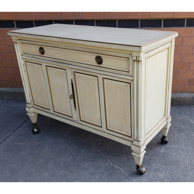 Fancher Furniture White Enameled French Slide-Top Rolling Bar / Buffet For Sale - Image 4 of 8