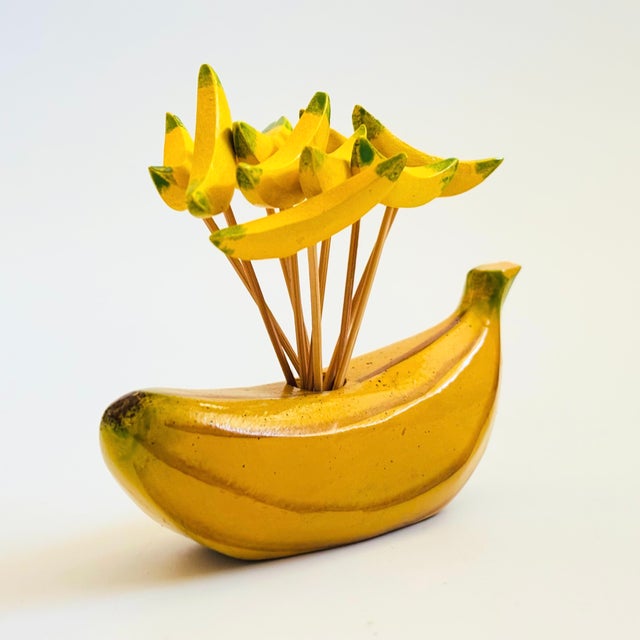 Mid-Century Modern Wood Banana Toothpicks and Holder Set For Sale - Image 3 of 12