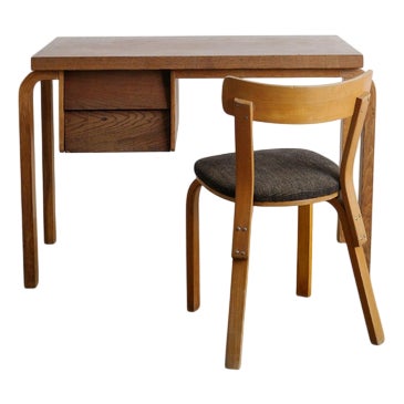 Early Finnish Mid-Century Wooden Desk & Chair by Alvar Aalto for Stylchair, 1940s, Set of 2 For Sale