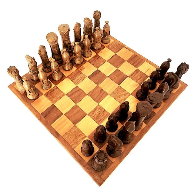 Offered is a mid 20th Century chess set, including a hand-crafted maple and walnut wood inlay heavy slab board with 31...