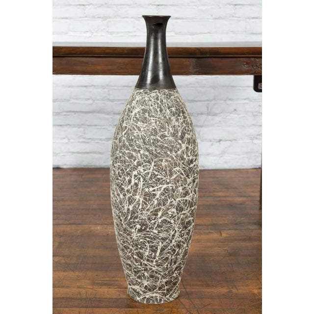 Contemporary Tall Artisan Prem Collection Black Neck & White Dripping Décor Vase For Sale In New York - Image 6 of 13