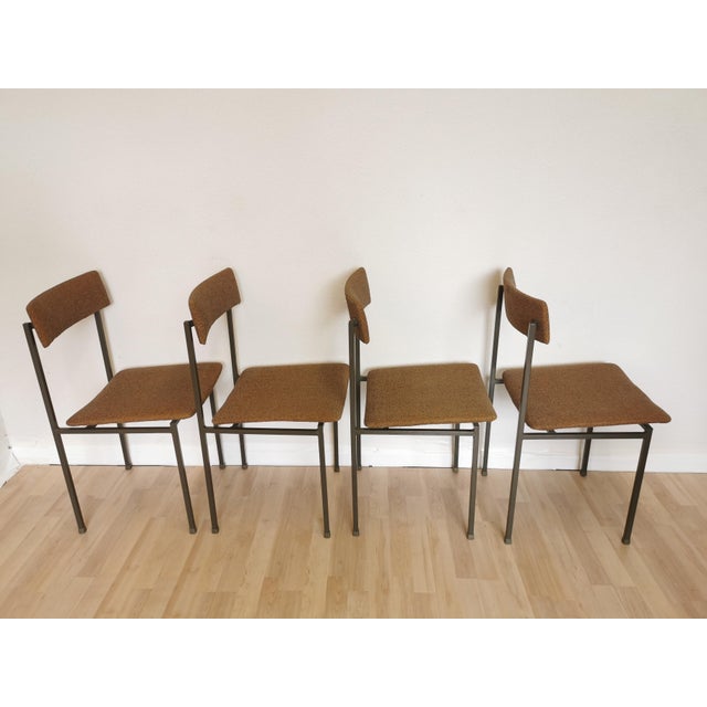 Industrial Vintage Industrial Black Metal School Chairs with Brown Fabric Seats, 1970s, Set of 4 For Sale - Image 3 of 18