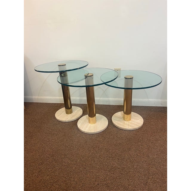 Vintage Set of Three Glass Travertine Tiered Postmodern Side Tables For Sale - Image 6 of 9