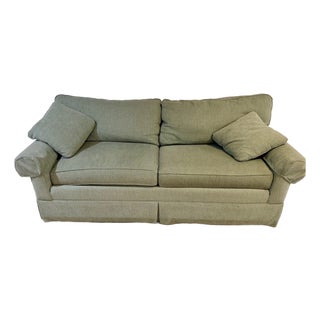 Ethan Allen Classic Rolled Arm Skirted Sofa in Aqua Texturized Woven Fabric For Sale