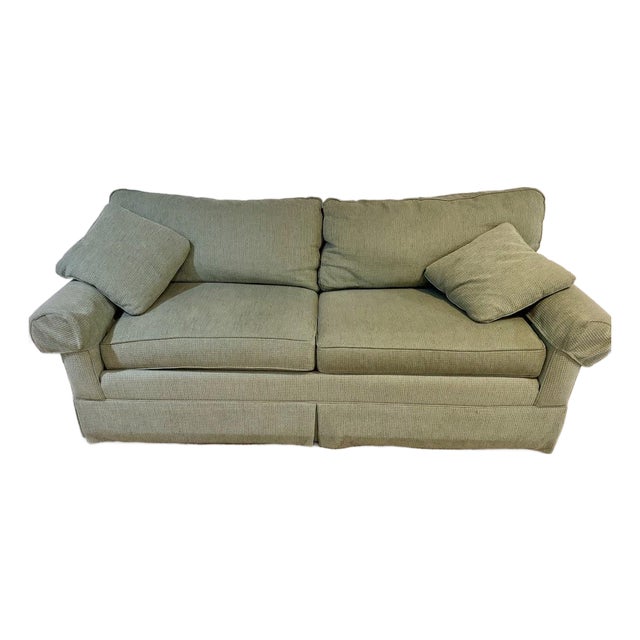 Ethan Allen Classic Rolled Arm Skirted Sofa in Aqua Texturized Woven Fabric For Sale