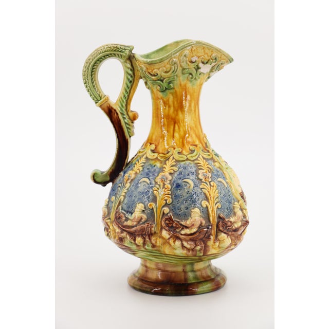 Antique Portuguese Palissy Ware Jug Depicting Fishermen in Boats, Earthenware For Sale - Image 4 of 18