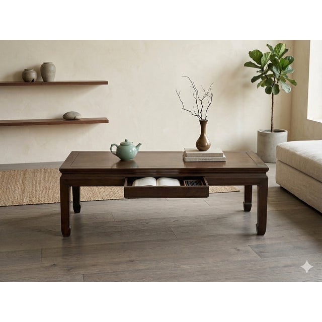 Oriental Dark Brown Natural Wood Drawers Rectangular Low Coffee Table For Sale - Image 12 of 12