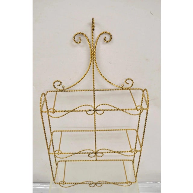 Mid 20th Century Vintage Gold Gilt Metal Hollywood Regency Scrolling Iron 3 Tier Small Wall Shelf For Sale - Image 5 of 10