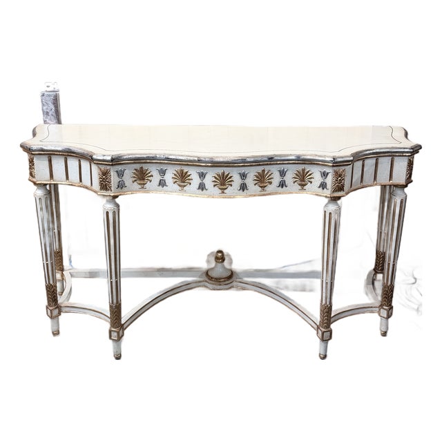 Vintage Louis XVI Style Painted Demi Lune Console Table With Gilt Accents For Sale