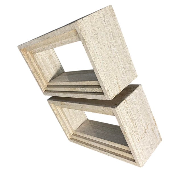 Architectural Travertine Pedestal Tables, a Pair, Italian Modern Style For Sale - Image 4 of 12