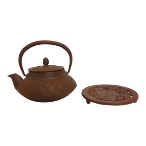 Late 20th Century Morioka Nambu Ironware Japanese Tetsukyusa Tea Pot and Coaster