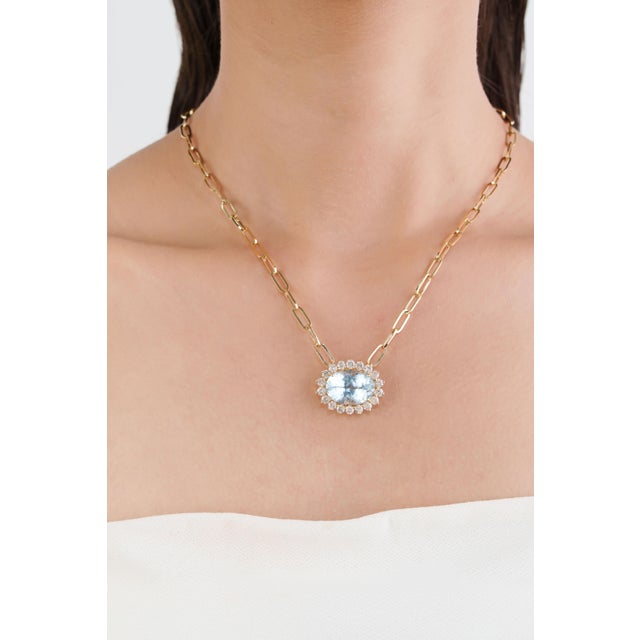 Not Yet Made - Made To Order Authentic 10.32ct Aquamarine 1.95ct Diamond Halo Pendant Necklace in 14k Yellow Gold For Sale - Image 5 of 16