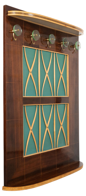 Wall Coat Rack in Wood, Brass and Glass in the style of Paolo Buffa Style, Italy, 1940s