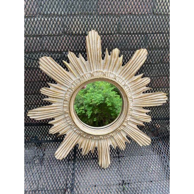 Vintage Mid Century 16.5" Creamy Giltwood Sunburst Wall Mirror For Sale - Image 15 of 18