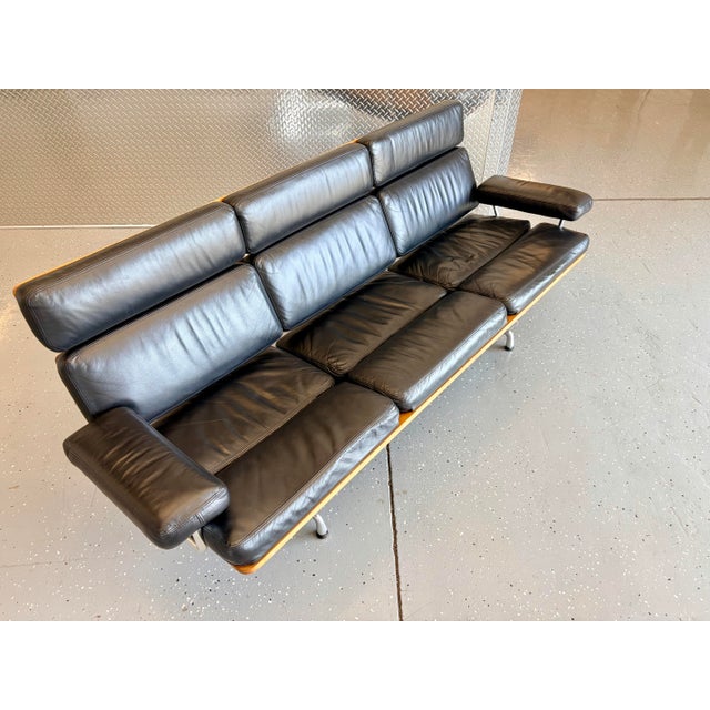 American 20003 3-Seat Sofa by Ray and Charles Eames in Teak W/ Black Leather For Sale - Image 3 of 13
