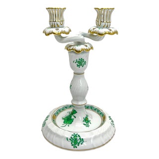 Handpainted Apponyi Green 7915 Double Candleholder from Herend, Hungary, 1960s For Sale