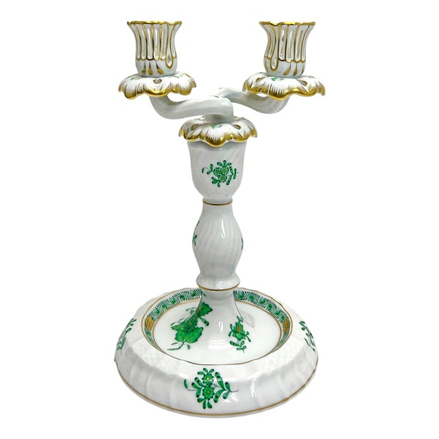 Handpainted Apponyi Green 7915 Double Candleholder from Herend, Hungary, 1960s For Sale