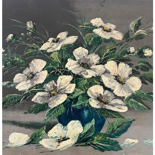 Shabby Chic Antique French Floral Dogwood Still Life Oil Painting on Canvas For Sale - Image 3 of 6