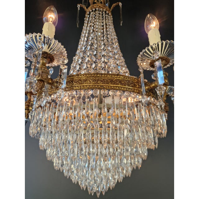Antique Empire Style Brass Crystal Chandelier Neoclassical European Basket For Sale - Image 6 of 11