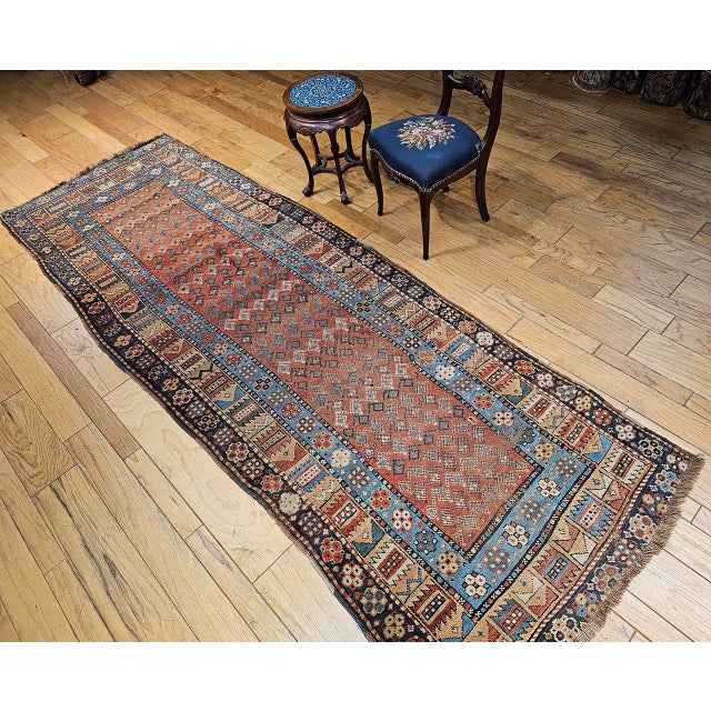 Persian 19th Century Persian Kurdish Wide Runner Rug, Hand-Knotted Wool, Allover Paisley Pattern, Terracotta & Blue, 4x12 For Sale - Image 3 of 15