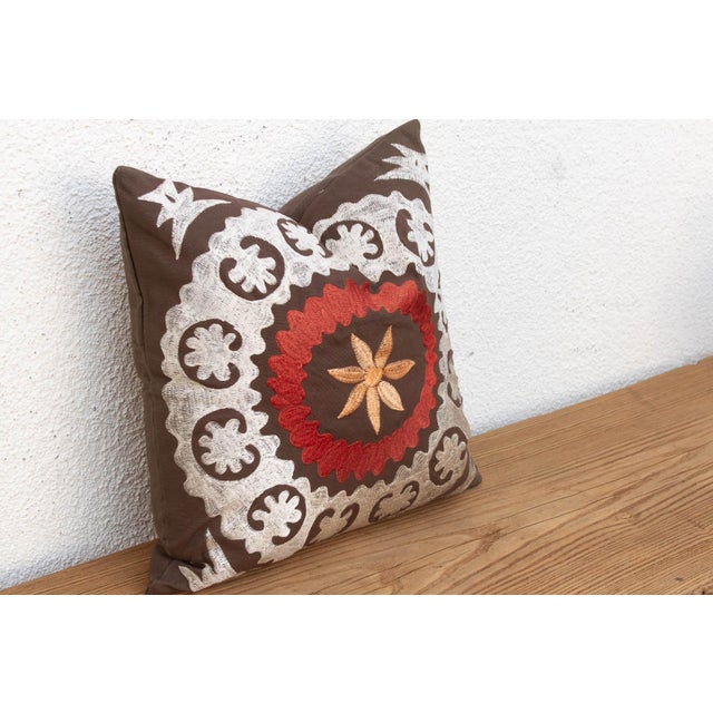 Boho Chic 16" Sq Embroidered Palmette Suzani Pillow Cover For Sale - Image 3 of 8
