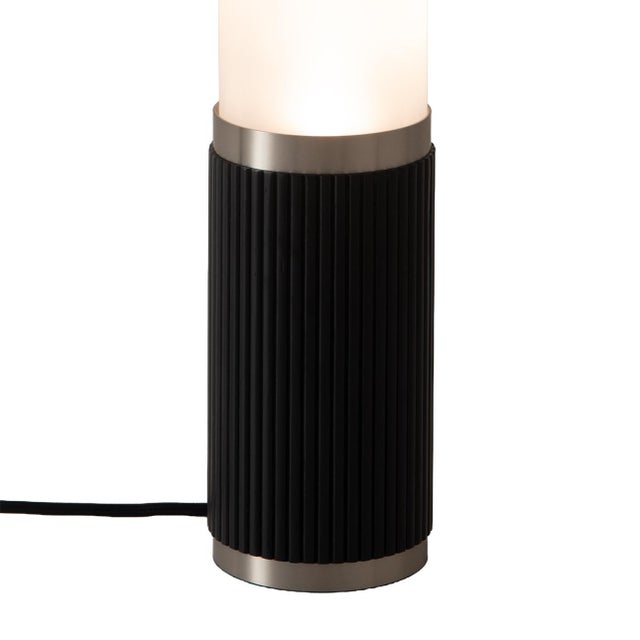 Wood 1980s Tambo Cylindro, 29" Accent Table Lamp, Black Oak, Satin Nickel, Frosted Acrylic, Dimmer Switch For Sale - Image 7 of 8