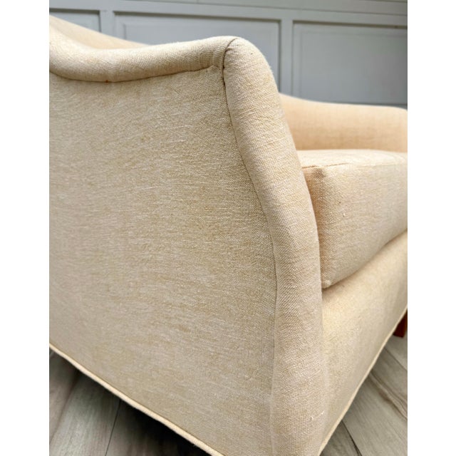 Textile Pair of Vintage Curved Barrel Chairs in Pale Apricot Linen Blend For Sale - Image 7 of 16