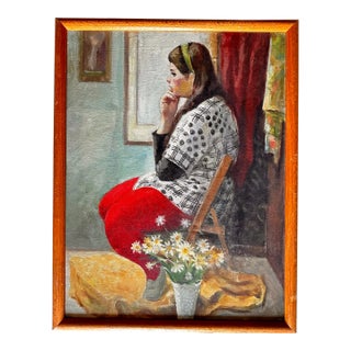 Mid 20th Century Modernist Figure Portrait Painting Oil on Canvas Unsigned, Framed For Sale