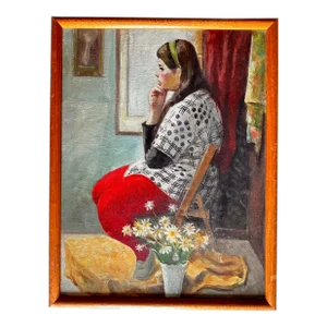 Mid 20th Century Modernist Figure Portrait Painting Oil on Canvas Unsigned, Framed
