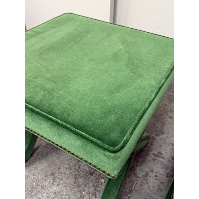 Early 21st Century Hollywood Regency Style Green Velvet X-Base Ottoman Stools, Pair For Sale - Image 5 of 12