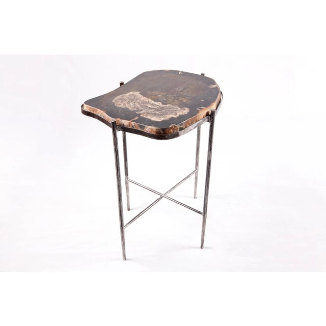 Contemporary Living Edge Petrified Wood Top W Iron Stand Accent Table or Side Table 49 For Sale - Image 3 of 5