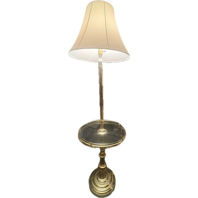 Vintage Stiffel Style Solid Brass Floor Lamp With Integrated Round Glass Side Table For Sale - Image 10 of 16