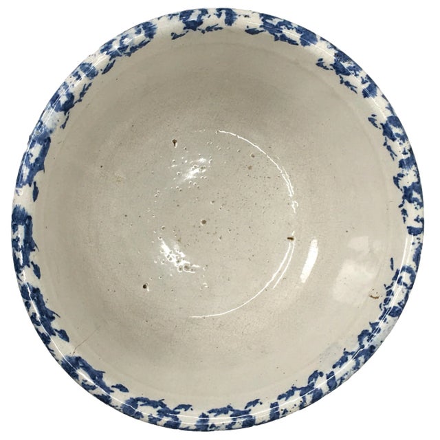 Large 11 1/2 Inch Size Antique American Blue Spongeware Decorated Stoneware Kitchen Mixing Bowl For Sale - Image 4 of 13