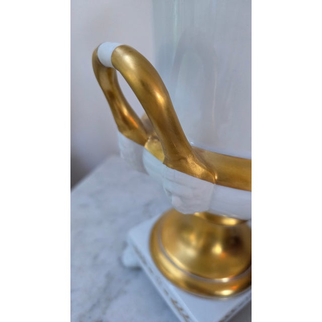 Neoclassical Vintage Belgian Cerabel Baudour White and Gold Empire-Style Covered Porcelain Urn For Sale - Image 3 of 18