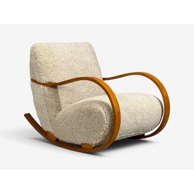 Mid-Century Modern Swedish Modern, Rocking Chair, Elmwood, Beige Shearling, Sweden, 1940s For Sale - Image 3 of 13