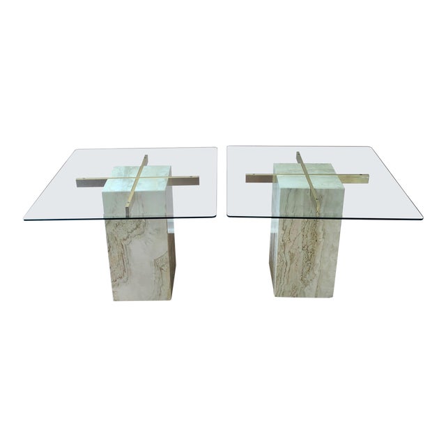 1970s Hollywood Regency Artedi Travertine and Brass End Tables - a Pair For Sale