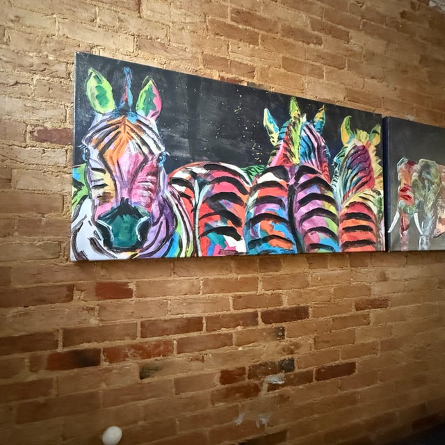 Black Vintage Vibrant Safari Elephant and Giraffe on Glossy Canvas Set by Sought After Tracy Miller - Set of 2 For Sale - Image 8 of 13