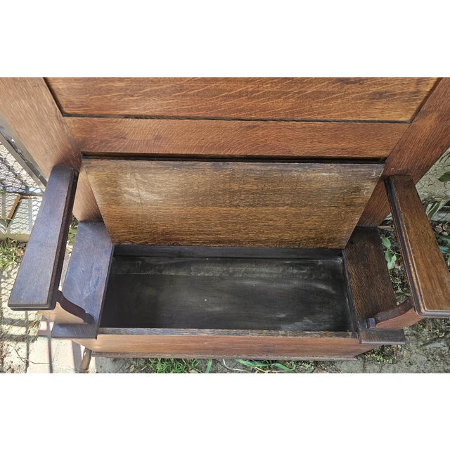 Antique American Quarter Sawn Tiger Oak Hall Tree With Beveled Mirror & Storage Bench For Sale - Image 12 of 18