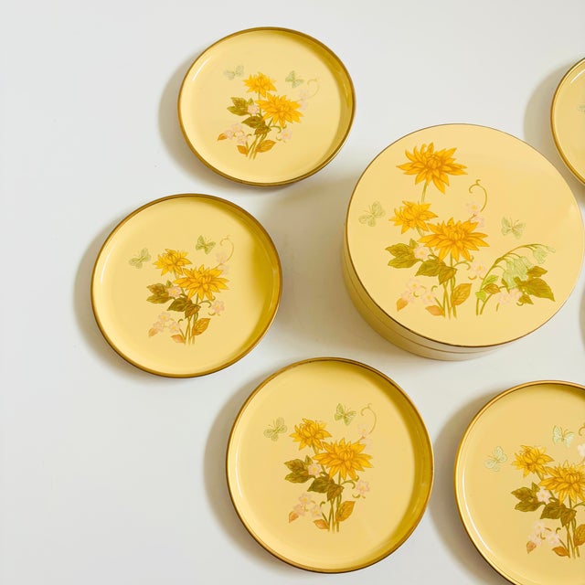 Plastic Yellow Lacquerware Floral Coaster Set For Sale - Image 7 of 13