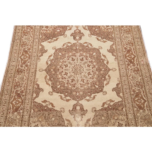 Antique Tabriz Handmade Tan Floral Scatter Wool Rug For Sale - Image 9 of 11