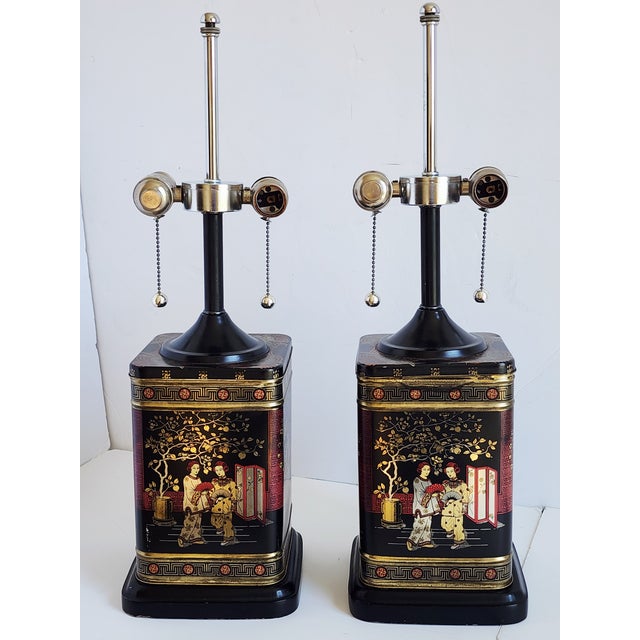 Mid-Century Frederick Cooper of Chicago Tole painted British tea canisters converted in table lamps. Featuring Asian...